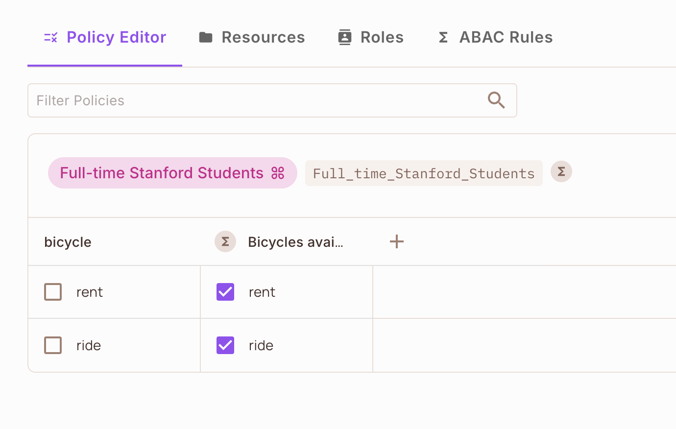 Policy Editor with rent and ride selected for a Full-time Stanford Students user set on a Bicycles available after 5pm resource set